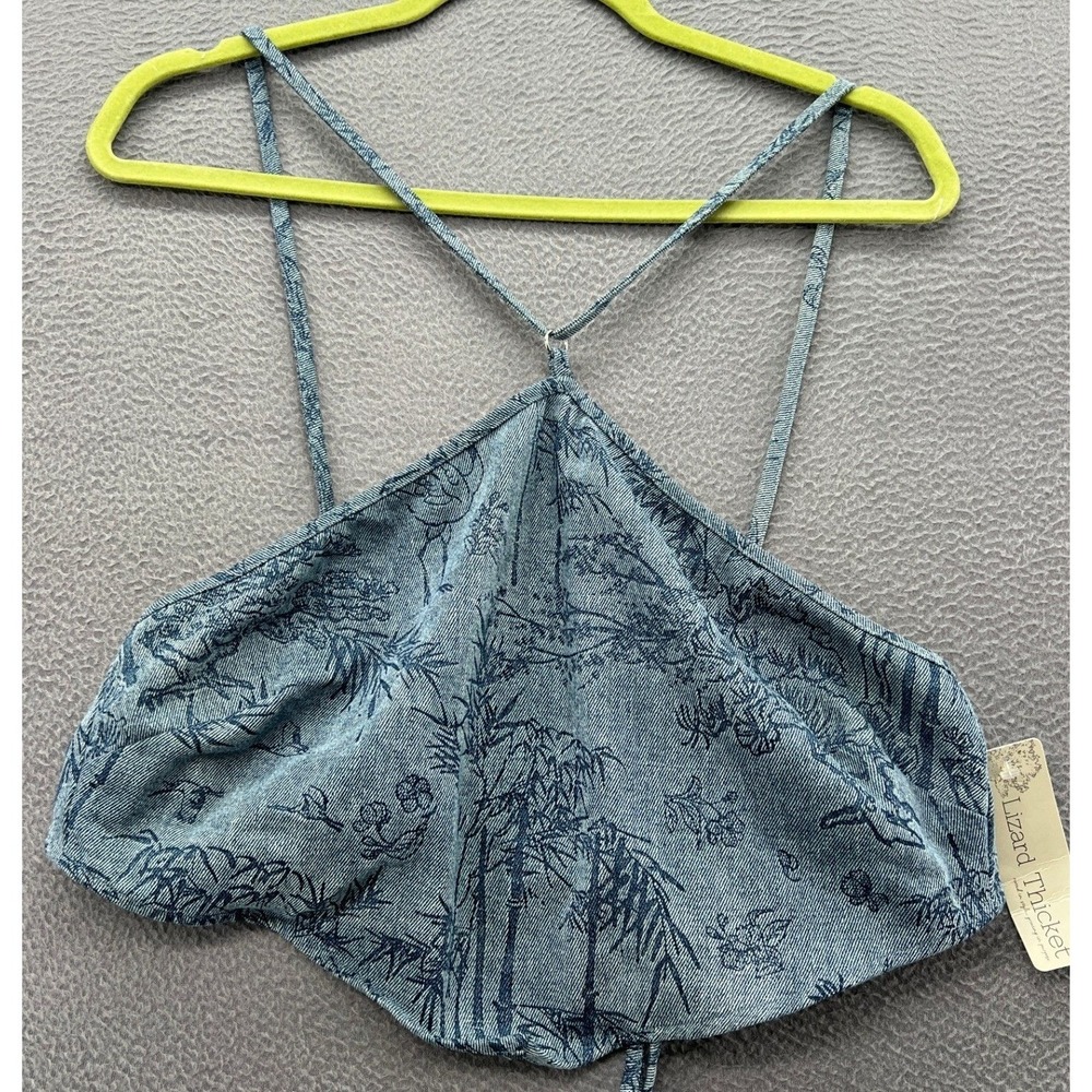 Lizard Thicket Blue Toile Print Halter Crop Top Cotton Lace Up Back NWT